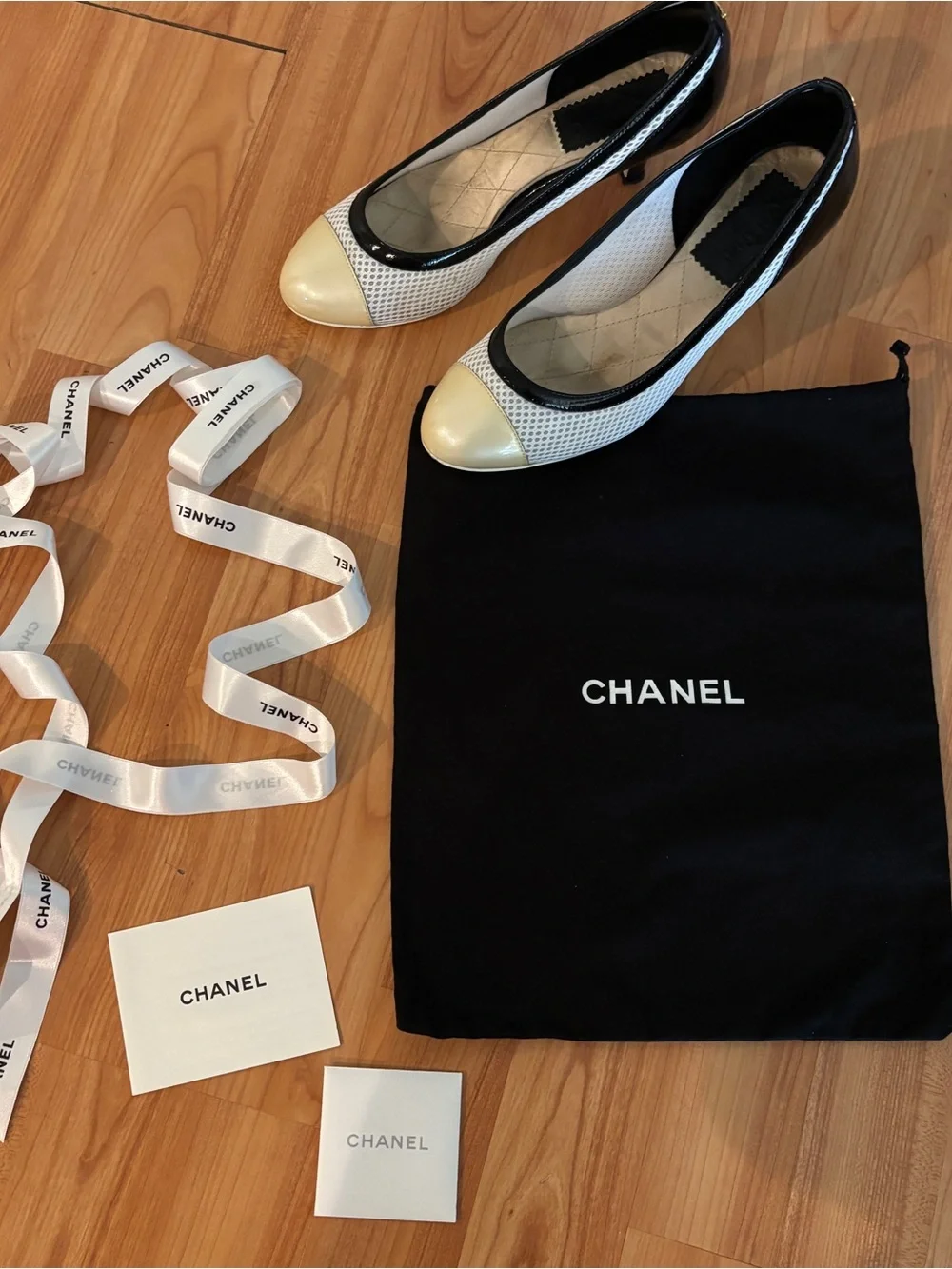 CHANEL Cream Cap-Toe Mesh Pumps with Black Trim